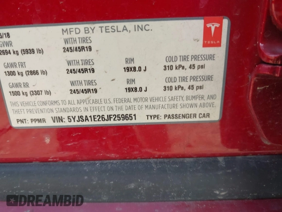 2018 Tesla Model S 75D with VIN 5YJSA1E26JF259651, listed as a IAAI auction lot 41690804 with Not Provided miles and . Bid and sale history available at DreamBid. Image 9.