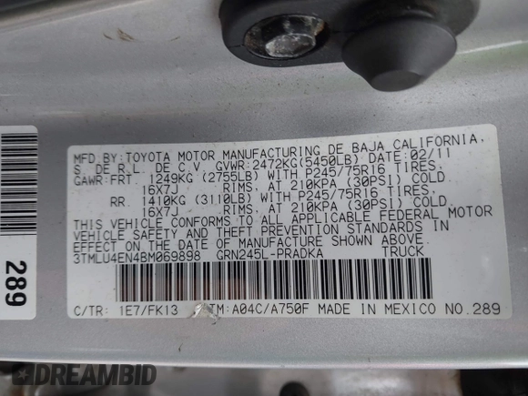 2011 Toyota Tacoma with VIN 3TMLU4EN4BM069898, listed as a IAAI auction lot 42371500 with 201,538 mi miles and . Bid and sale history available at DreamBid. Image 9.