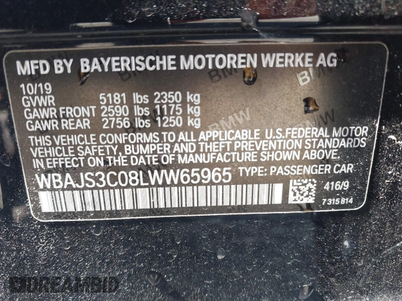 2020 BMW 5 Series 540i xDrive with VIN WBAJS3C08LWW65965, listed as a IAAI auction lot 42147533 with 48,419 mi miles and . Bid and sale history available at DreamBid. Image 9.