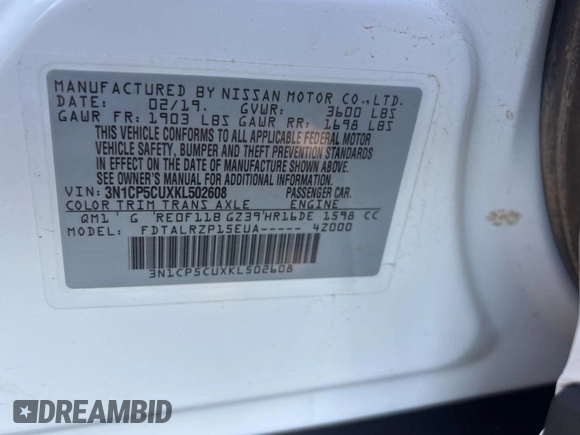 2019 Nissan Kicks S with VIN 3N1CP5CUXKL502608, listed as a Copart auction lot 55879725 with 137,400 mi miles and Clean Title. Bid and sale history available at carsss.com. Image 10.
