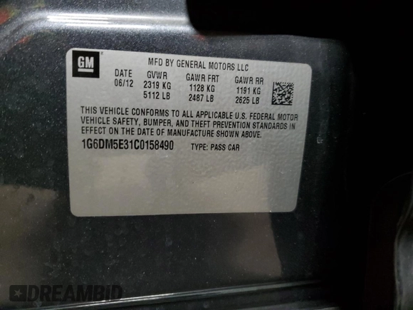 2012 Cadillac CTS with VIN 1G6DM5E31C0158490, listed as a Copart auction lot 85457134 with 52,969 mi miles and Clean Title. Bid and sale history available at DreamBid. Image 12.