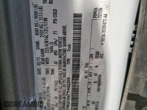 2015 Ford Transit with VIN 1FTYR2XM4FKA62205, listed as a Copart auction lot 62559055 with 184,908 mi miles and Clean title. Bid and sale history available at DreamBid. Image 12.