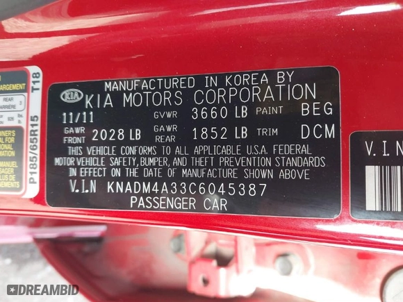 2012 Kia Rio LX with VIN KNADM4A33C6045387, listed as a IAAI auction lot 41548099 with 104,347 mi miles. Bid and sale history available at carsss.com. Image 9.
