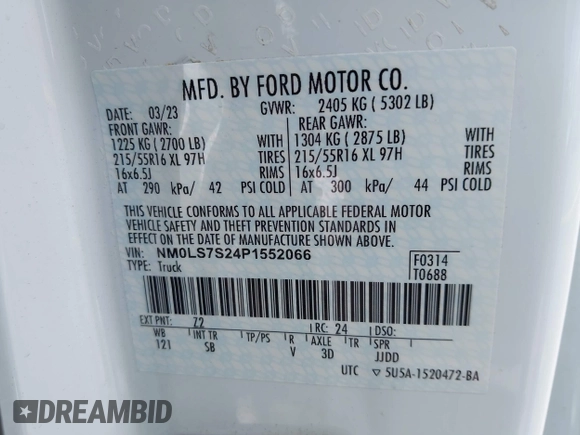 2023 Ford Transit Connect XL with VIN NM0LS7S24P1552066, listed as a IAAI auction lot 41941566 with 65,355 mi miles and . Bid and sale history available at DreamBid. Image 9.