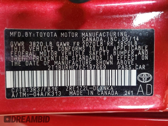 2014 Toyota Corolla L with VIN 2T1BURHE7EC187669, listed as a Copart auction lot 61543495 with 126,386 mi miles and Salvage title. Bid and sale history available at DreamBid. Image 13.