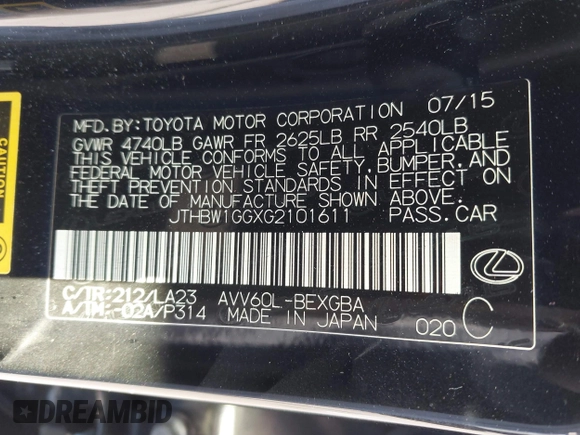 2016 Lexus ES 300h with VIN JTHBW1GGXG2101611, listed as a IAAI auction lot 41999411 with 139,204 mi miles and . Bid and sale history available at DreamBid. Image 9.