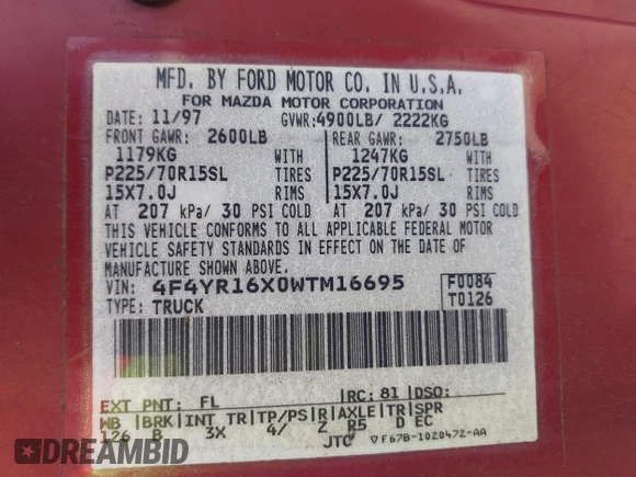 1998 Mazda B-Series Truck SE z VIN 4F4YR16X0WTM16695, wystawiony jako IAAI lot #42467653 z przebiegiem 73 495 mil mil oraz . Historia ofert i sprzedaży dostępna na DreamBid. Obrazek 9.