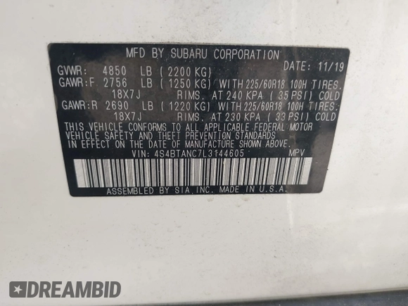 2020 Subaru Outback Limited with VIN 4S4BTANC7L3144605, listed as a IAAI auction lot 42372274 with 40,310 mi miles and . Bid and sale history available at DreamBid. Image 9.