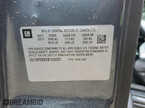 2011 Chevrolet Impala LS Fleet with VIN 2G1WF5EKXB1242021, listed as a Copart auction lot 50048785 with 125,768 mi miles and Salvage Title. Bid and sale history available at DreamBid. Image 12.