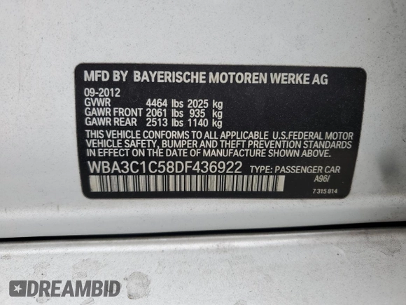 2013 BMW 3 Series 328i z VIN WBA3C1C58DF436922, wystawiony jako Copart lot #55897625 z przebiegiem 88 910 mil mil oraz Szkoda całkowita • Salvage title. Historia ofert i sprzedaży dostępna na DreamBid. Obrazek 12.