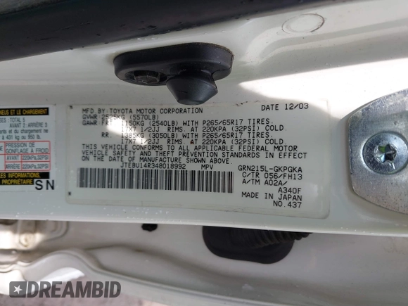 2004 Toyota 4Runner SR5 with VIN JTEBU14R348018992, listed as a IAAI auction lot 41948175 with 106,894 mi miles and . Bid and sale history available at DreamBid. Image 9.