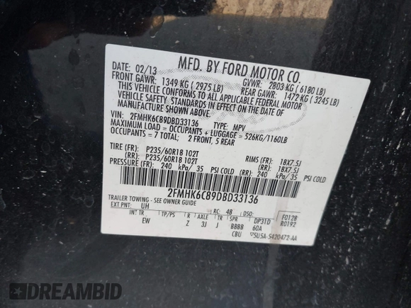 2013 Ford Flex SEL with VIN 2FMHK6C89DBD33136, listed as a IAAI auction lot 42019929 with 190,574 mi miles. Bid and sale history available at carsss.com. Image 9.