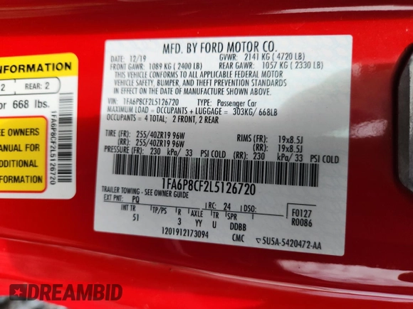 2020 Ford Mustang GT with VIN 1FA6P8CF2L5126720, listed as a Copart auction lot 59967165 with 111,345 mi miles and Salvage title. Bid and sale history available at DreamBid. Image 13.