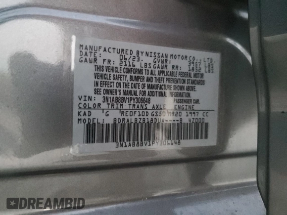2023 Nissan Sentra S with VIN 3N1AB8BV1PY306648, listed as a Copart auction lot 46355425 with 15,191 mi miles and Non Repairable. Bid and sale history available at DreamBid. Image 12.