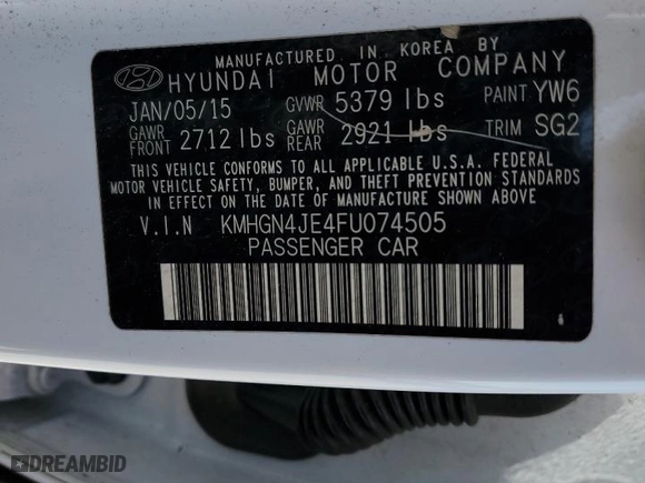 2015 Hyundai Genesis 3.8L with VIN KMHGN4JE4FU074505, listed as a Copart auction lot 45864565 with 138,841 mi miles and Salvage Title. Bid and sale history available at carsss.com. Image 15.