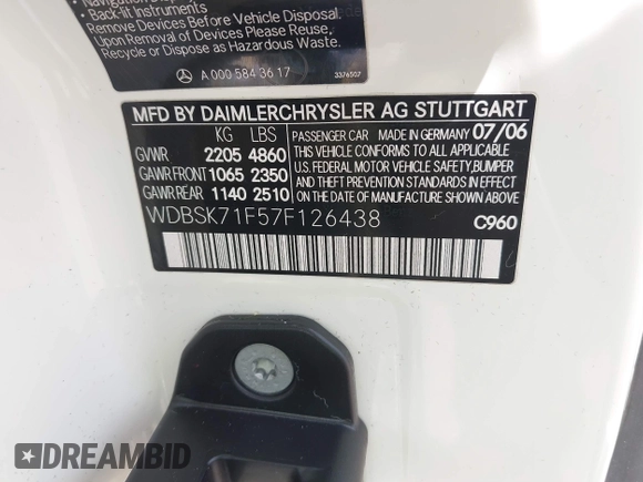 2007 Mercedes-Benz SL 550 with VIN WDBSK71F57F126438, listed as a IAAI auction lot 42743122 with 62,978 mi miles and . Bid and sale history available at DreamBid. Image 9.
