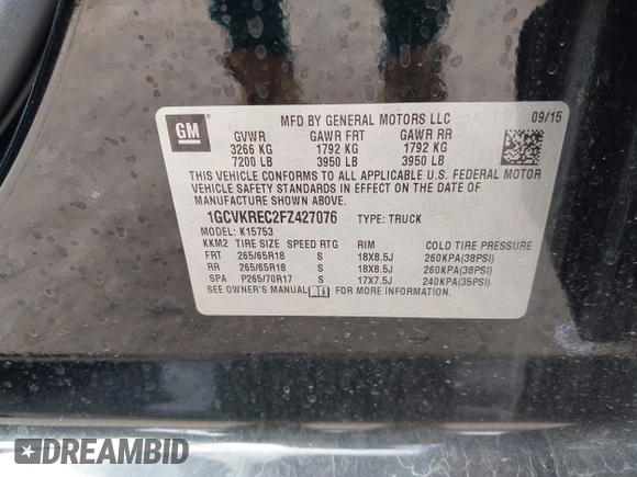2015 Chevrolet Silverado 1500 LT with VIN 1GCVKREC2FZ427076, listed as a IAAI auction lot 42128553 with 109,776 mi miles and . Bid and sale history available at DreamBid. Image 9.
