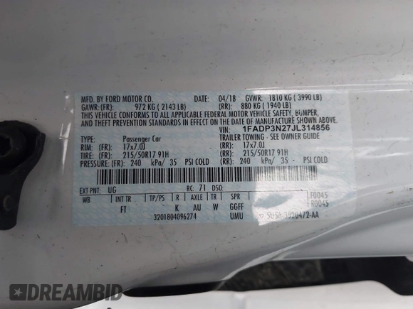 2018 Ford Focus Titanium z VIN 1FADP3N27JL314856, wystawiony jako IAAI lot #42553390 z przebiegiem 82 936 mil mil oraz . Historia ofert i sprzedaży dostępna na DreamBid. Obrazek 9.