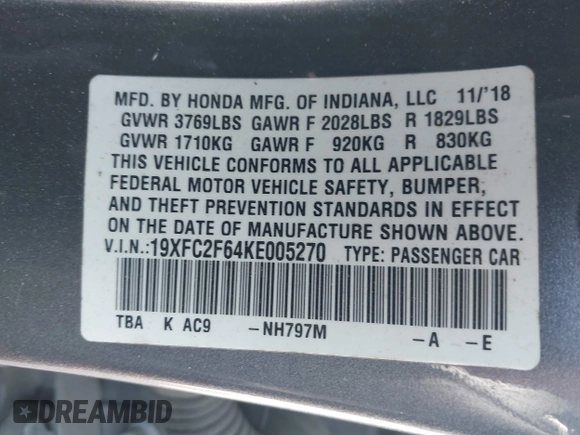 2019 Honda Civic Sedan LX with VIN 19XFC2F64KE005270, listed as a IAAI auction lot 41852238 with 106,604 mi miles. Bid and sale history available at carsss.com. Image 9.