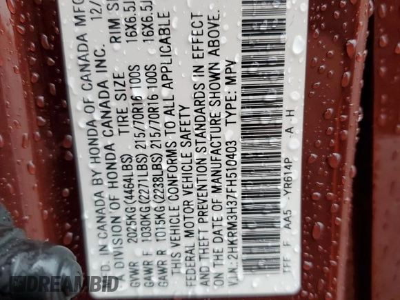 2015 Honda CR-V LX with VIN 2HKRM3H37FH510403, listed as a Copart auction lot 50775795 with 118,684 mi miles and Salvage Title. Bid and sale history available at carsss.com. Image 14.
