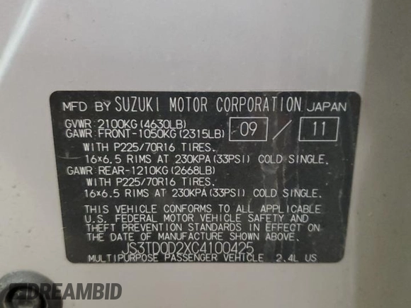 2012 Suzuki Grand Vitara Premium z VIN JS3TD0D2XC4100425, wystawiony jako Copart lot #49080815 z przebiegiem 108 780 mil mil oraz Szkody całkowita. Historia ofert i sprzedaży dostępna na DreamBid. Obrazek 14.