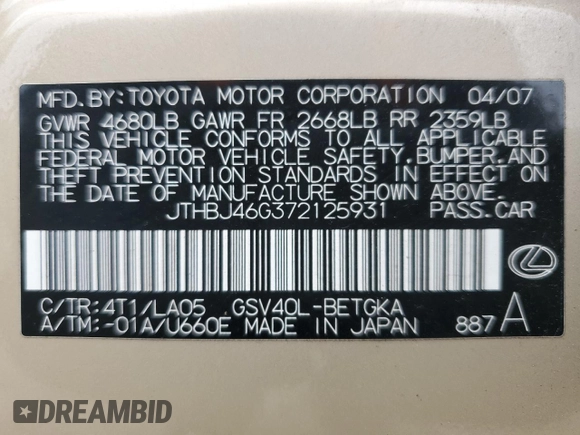 2007 Lexus ES 350 with VIN JTHBJ46G372125931, listed as a Copart auction lot 47264625 with 166,965 mi miles and Clean Title. Bid and sale history available at carsss.com. Image 12.