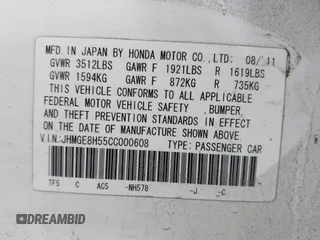 2012 Honda Fit Sport with VIN JHMGE8H55CC000608, listed as a IAAI auction lot 42025275 with 111,621 mi miles. Bid and sale history available at carsss.com. Image 9.