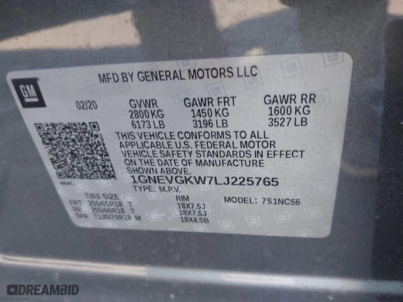 2020 Chevrolet Traverse LT Cloth with VIN 1GNEVGKW7LJ225765, listed as a IAAI auction lot 41608714 with 45,410 mi miles. Bid and sale history available at carsss.com. Image 9.