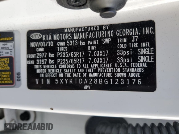 2011 Kia Sorento LX with VIN 5XYKTDA28BG123176, listed as a Copart auction lot 53681135 with 176,725 mi miles and Clean Title. Bid and sale history available at carsss.com. Image 13.