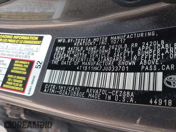 2018 Toyota Camry LE z VIN 4T1B11HK7JU033701, wystawiony jako IAAI lot #42417229 z przebiegiem 49 977 mil mil oraz . Historia ofert i sprzedaży dostępna na DreamBid. Obrazek 9.