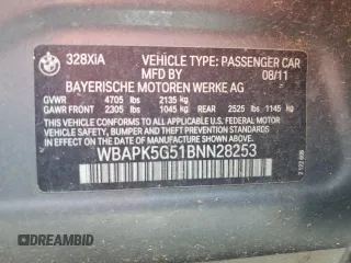 2011 BMW 3 Series 328i xDrive with VIN WBAPK5G51BNN28253, listed as a Copart auction lot 58716745 with Not provided miles and Salvage title. Bid and sale history available at DreamBid. Image 12.