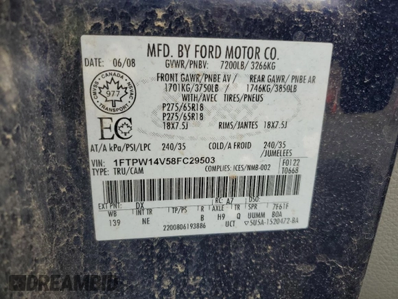 2008 Ford F-150 XLT z VIN 1FTPW14V58FC29503, wystawiony jako Copart lot #61411085 z przebiegiem 141 079 mil mil oraz Szkoda całkowita • Salvage title. Historia ofert i sprzedaży dostępna na DreamBid. Obrazek 12.