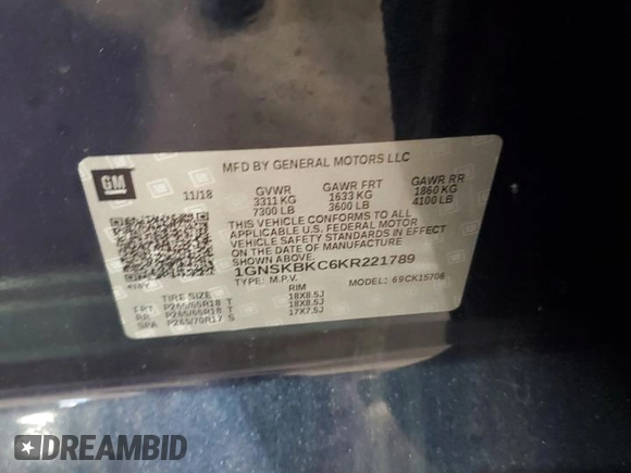 2019 Chevrolet Tahoe LT with VIN 1GNSKBKC6KR221789, listed as a Copart auction lot 64224515 with Not provided miles and Salvage title. Bid and sale history available at DreamBid. Image 14.