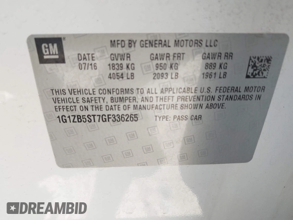 2016 Chevrolet Malibu LS with VIN 1G1ZB5ST7GF336265, listed as a IAAI auction lot 42330834 with 125,383 mi miles and . Bid and sale history available at DreamBid. Image 9.