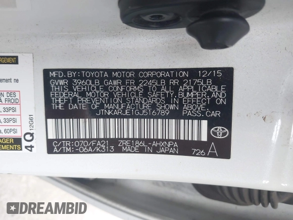 2016 Scion iM with VIN JTNKARJE1GJ516789, listed as a IAAI auction lot 42034498 with 132,796 mi miles. Bid and sale history available at carsss.com. Image 9.