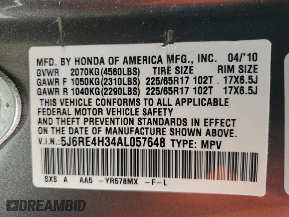 2010 Honda CR-V LX with VIN 5J6RE4H34AL057648, listed as a Copart auction lot 62679515 with 103,047 mi miles and Salvage title. Bid and sale history available at DreamBid. Image 14.