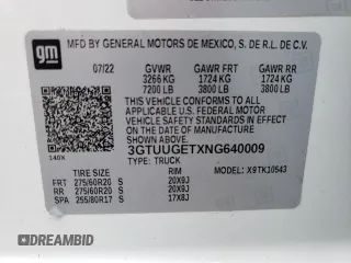 2022 GMC Sierra 1500 with VIN 3GTUUGETXNG640009, listed as a Copart auction lot 56219405 with 43,537 mi miles and Salvage Title. Bid and sale history available at DreamBid. Image 12.