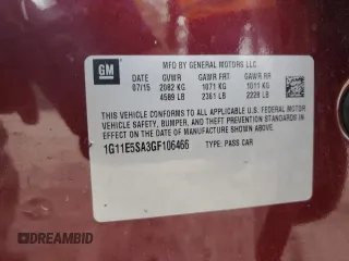 2016 Chevrolet Malibu LTZ with VIN 1G11E5SA3GF106466, listed as a Copart auction lot 53947505 with 75,311 mi miles and Salvage Title. Bid and sale history available at DreamBid. Image 12.