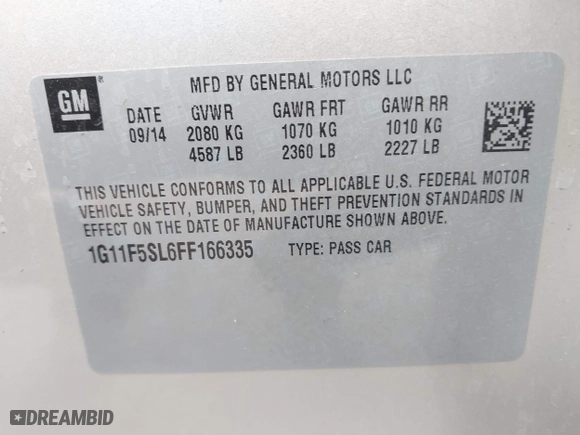 2015 Chevrolet Malibu LTZ with VIN 1G11F5SL6FF166335, listed as a IAAI auction lot 41578042 with 171,359 mi miles. Bid and sale history available at carsss.com. Image 9.