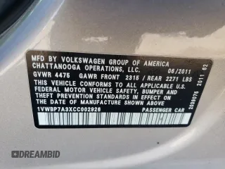 2012 Volkswagen Passat SE с VIN 1VWBP7A3XCC002926, выставлен на аукционе Copart как лот 52398365 с пробегом Не указан миль и Чистый • Clean title. История ставок и продаж доступна на DreamBid. Изображение 12.