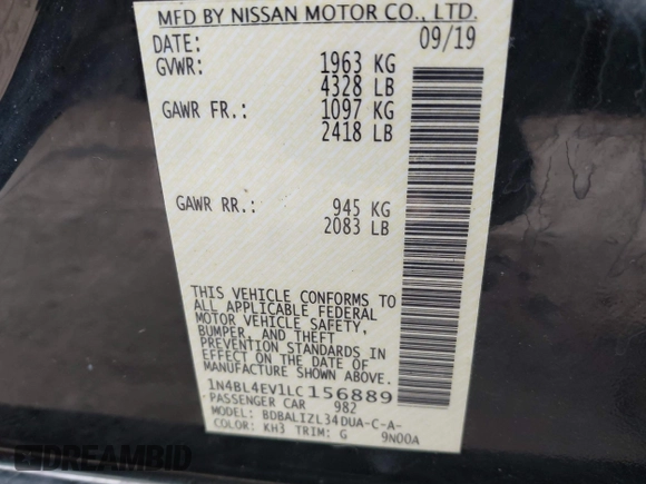 2020 Nissan Altima 2.5 SL with VIN 1N4BL4EV1LC156889, listed as a IAAI auction lot 41687338 with 96,292 mi miles. Bid and sale history available at carsss.com. Image 9.