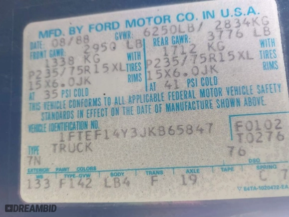 1988 Ford Pickup with VIN 1FTEF14Y3JKB65847, listed as a IAAI auction lot 41621145 with 53,993 mi miles. Bid and sale history available at carsss.com. Image 9.