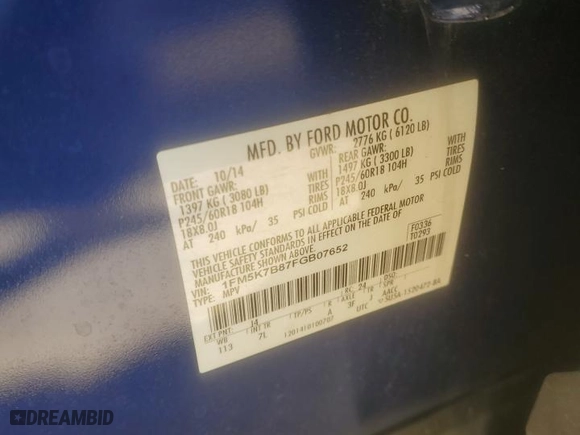 2015 Ford Explorer with VIN 1FM5K7B87FGB07652, listed as a Copart auction lot 46155735 with 86,876 mi miles and Salvage Title. Bid and sale history available at carsss.com. Image 13.