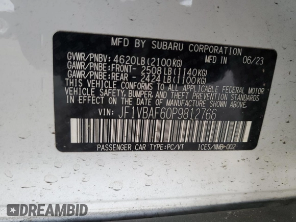 2023 Subaru WRX Premium z VIN JF1VBAF60P9812766, wystawiony jako Copart lot #55696695 z przebiegiem 25 894 mil mil oraz Szkoda całkowita • Salvage title. Historia ofert i sprzedaży dostępna na DreamBid. Obrazek 12.