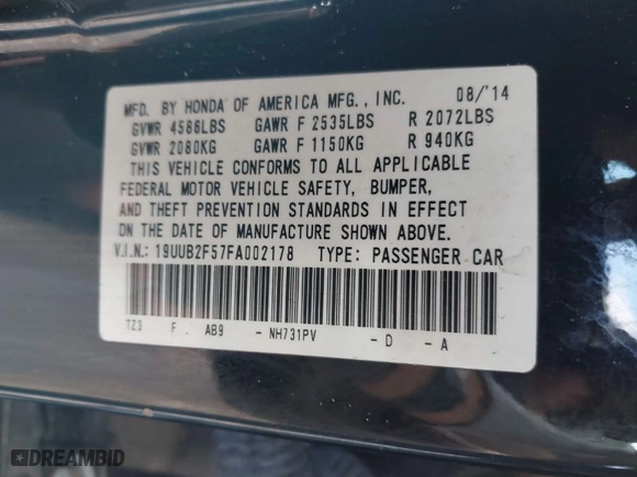 2015 Acura TLX V6 Tech with VIN 19UUB2F57FA002178, listed as a IAAI auction lot 41640369 with 178,248 mi miles. Bid and sale history available at carsss.com. Image 9.
