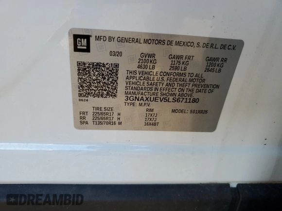 2020 Chevrolet Equinox LT with VIN 3GNAXUEV5LS671180, listed as a Copart auction lot 51362375 with 11,233 mi miles and Non Repairable. Bid and sale history available at DreamBid. Image 12.