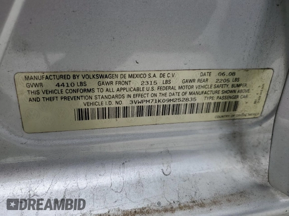2009 Volkswagen Jetta SE с VIN 3VWPM71K09M252835, выставлен на аукционе Copart как лот 57935145 с пробегом 208 162 миль миль и Списание • Salvage title. История ставок и продаж доступна на DreamBid. Изображение 12.