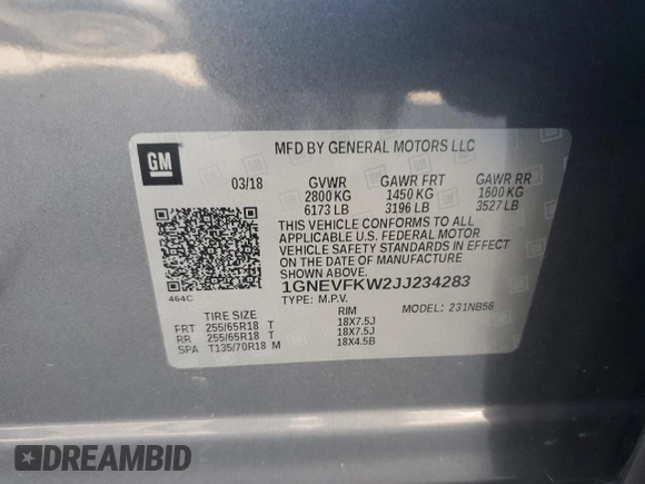 2018 Chevrolet Traverse LS with VIN 1GNEVFKW2JJ234283, listed as a Copart auction lot 69042414 with 0 mi miles and Salvage Title. Bid and sale history available at carsss.com. Image 13.