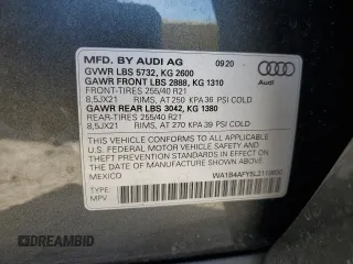 2020 Audi SQ5 Premium Plus with VIN WA1B4AFY5L2119830, listed as a Copart auction lot 44950124 with 25,527 mi miles and . Bid and sale history available at DreamBid. Image 13.