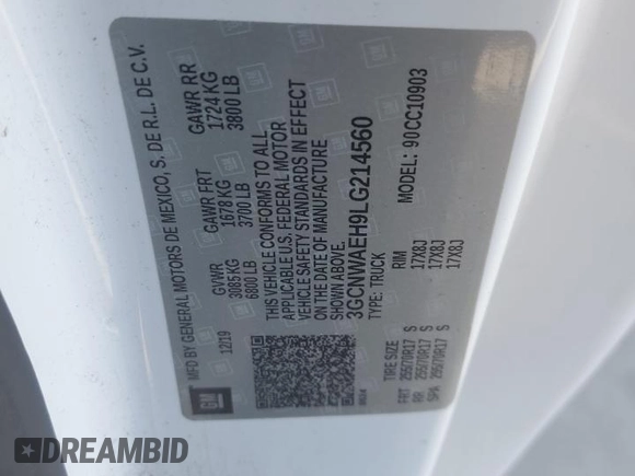 2020 Chevrolet Silverado 1500 Work Truck with VIN 3GCNWAEH9LG214560, listed as a Copart auction lot 86404664 with 122,475 mi miles and Salvage Title. Bid and sale history available at DreamBid. Image 12.